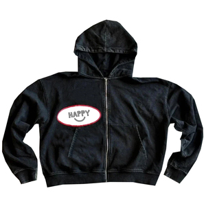 Unisex Black Zip-Up <b>Hoodie</b> With <b>Happy</b> Smiley Print Front Pocket Casual Wear Fleece Sweatshirt Autumn Wear Stylish <b>Hoodie</b> - Product Image 1
