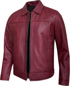 Veste de moto pour homme en cuir véritable imperméable et respirante, col rabattu, fermeture éclair, couleur unie, coupe classique, style hiver - Product Image 4