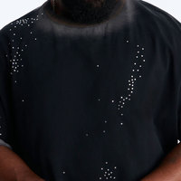 T-shirt Homme Haut de Gamme en Coton Lourd 100% Coton, Style Rétro Ample, Motif Graffiti Briques Chaudes et Étoiles, avec Strass