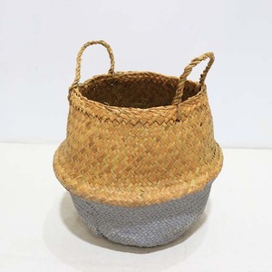 Top Rated Natural Palm Leaf <b>Woven</b> <b>Basket</b> Foldable Round Belly Planter with Handles - Product Image 4