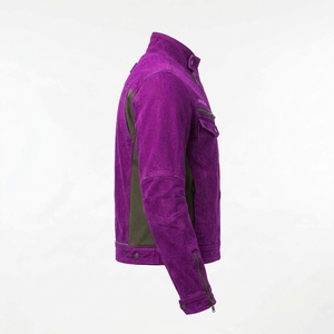 Chaqueta de Motociclista para Hombre de Lona Vaquera Lavada Morada con Cremallera Descentrada, Estilo Urbano Táctico, Abrigo Exterior Personalizado para Motociclista - Product Image 3