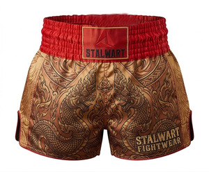 Shorts de Muay Thai Stalwart avec imprimé Dragon Doré et ceinture rouge, en polyester durable, pour le combat - Product Image 1