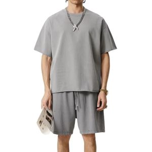 Ensemble de vêtements décontractés pour homme en coton gris minéral, 2 pièces, 280 g/m², coupe ample, manches courtes, look vintage d'été - Product Image 1