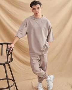 Conjunto Deportivo Informal para Hombre, Gris, de Algodón, Manga Tres Cuartos, Cuello Redondo, Corte Holgado, Color Sólido, Cintura Elástica - Product Image 6