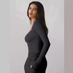 Body de Manga Larga con Cuello Cuadrado para Mujer, Ajustado, de Color Sólido, Tejido de Punto, Transpirable, Estilo Minimalista, para Todas las Temporadas - Product Image 6