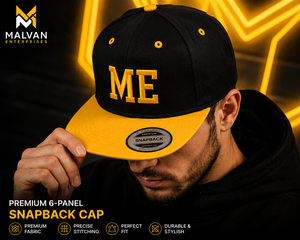 Gorra Snapback Personalizada de Alta Calidad, Negra, de 6 Paneles, de Lona de Algodón, con Cierre Ajustable en Amarillo Contrastante, Unisex, Deportiva, para Exteriores, 3D - Product Image 1