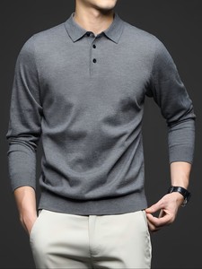 Pull en maille polyester/coton pour homme, léger et respirant, service OEM, couleur unie, col à revers, manches longues, couche de base décontractée pour le printemps - Product Image 4