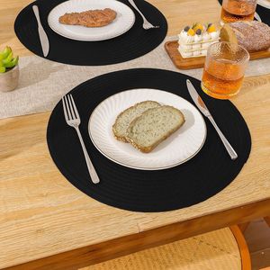 Round Braided 15-Inch <b>Table</b> <b>Mats</b> Set 6 Heavy Duty Cotton Polyester Place <b>Mats</b> Black-Washable and Heat Resistant - Product Image 3