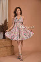 Robe Courte Bohème Écologique en Spandex/Polyester Recyclé Respirant, Col en V, Imprimé Floral, Idéale pour l'Été et la Plage, Style Tendance, Vente en Gros