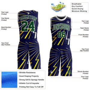 Ensemble de maillots de basket-ball sublimés personnalisés, unisexe, adulte, bleu marine, vert, jaune, imprimé éclair, nom de l'équipe, numéro 00, maille respirante - Product Image 2