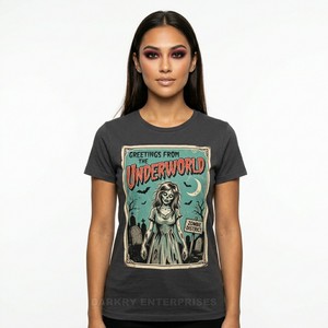 Retro Poster Women Graphic T Shirt Greetings From Underworld Print Vintage <b>Aesthetic</b> Ladies Cotton Tee Custom Supplier <b>Top</b> - Product Image 1