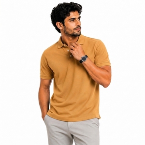 Chemise Homme Manches Courtes Couleur Moutarde Unie Décontractée 100% Coton Biologique Piqué Tricoté Séchage Rapide Logo Personnalisé Devant Coupe Classique - Product Image 3