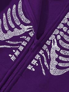 Sudaderas con capucha de algodón polar moradas con cremallera completa y gráfico de esqueleto de diamantes de imitación, estilo streetwear personalizado para hombre, proveedor de producción de ropa al por mayor - Product Image 3