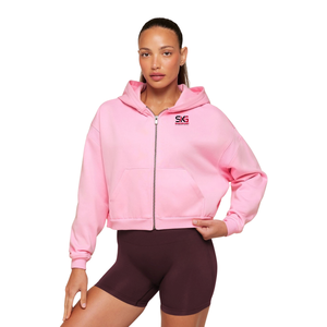 <b>Pink</b> Women Zip Up Hoodie <b>Cropped</b> Sweatshirt Loose Fit Hooded Jacket Casual Streetwear - Product Image 1