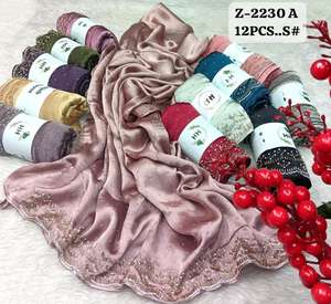 Elegant Crinkle <b>Chiffon</b> Hijab with Intricate Gold Rhinestone Scalloped Border | Premium Soft Textured Occasion Headscarf - Product Image 3