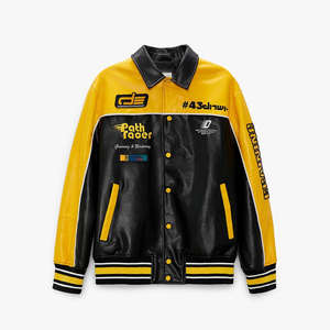 Blouson Moto Vintage en Cuir pour Homme – Veste Personnalisée d'Automne avec Col Rabattu, Bordure Côtelée et Écussons Imprimés en Relief – Vente en Gros - Product Image 1