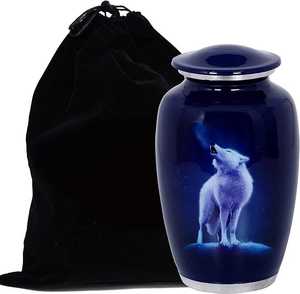 Blue Wolf Howling Design Metal <b>Urns</b> for Ashes Artistic Memorial Keepsake Metal <b>Urns</b> for Home Display - Product Image 1