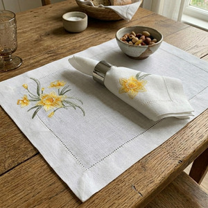 Custom Classic Washable Reuse Embroidery Yellow Flower <b>Placemats</b> Napkins Sets 100% Hemstitch Linen Mats for Home Wedding Events - Product Image 1