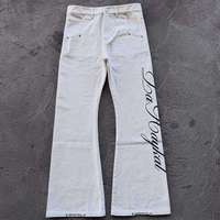 Jean droit vintage en coton coupe slim pour homme, style streetwear évasé, délavé, hip-hop, avec imprimé lettres uni et décoration rivets, utilitaire