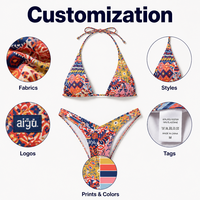 Bikinis personnalisés OEM ODM avec logo imprimé et personnalisation des tailles, bretelles larges, soutien latéral, string à nouer, maillots de bain pour femmes, coupe en V à la taille basse