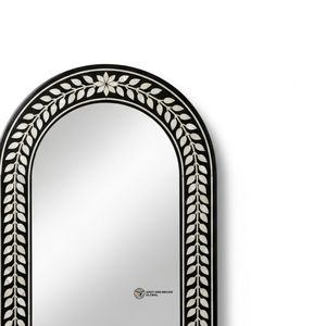 Espejo Rectangular de MDF con Incrustaciones de MOP, Diseño Art Deco con Patrón de Hojas en Blanco y Negro, Hecho a Mano, Ecológico, Decoración de Pared de Lujo para Bodas - Product Image 3