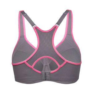 Soutien-gorge de sport dos nageur gris pour femme avec bordure rose, maintien moyen, respirant, pour le yoga, conception sans couture - Product Image 2
