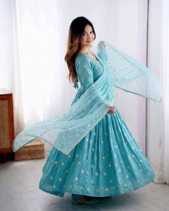 Ensemble de vêtements traditionnels indiens pakistanais pour femmes, Anarkali, brodé, long jusqu'au sol, bleu vert, Salwar Kameez avec Dupatta pour mariage - Product Image 4