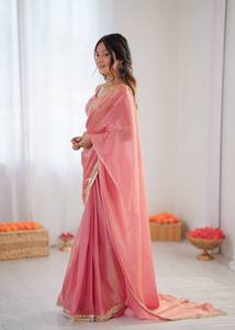 Satrani Women's Shimmer Tissue <b>Gota</b> Lace Ready To Wear Saree with Unstitched Blouse Piece - Product Image 6