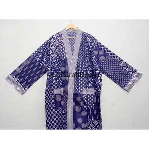 Bata Kimono Maxi de Algodón Puro con Rayas Frontales y Estampado de Bloques, Cuello en V, Ecológica, Lavable, Suave, Estilo Bohemio, para Playa de Verano - Product Image 2