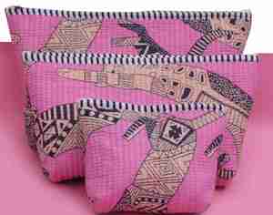 Pink Safari Print Quilted Cotton Cosmetic Bag Set Travel Toiletry Organizer - Product Image 1