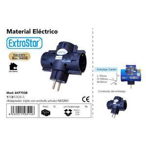 Adattatore ExtraStar da 1 a 3 prese 16A 250V Nero Schuko per uso interno - Product Image 1