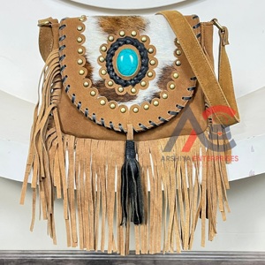 Wholesale Products Cowhide Suede Leather Fringe <b>Bag</b> High Quality Leather Women Shoulder & Crossbody Handbag With Turquoise Stone - Product Image 1