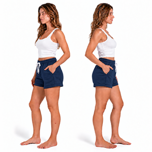 Shorts en coton tricoté bleu marine uni pour femme, taille mi-haute, avec cordon de serrage et poches, coupe décontractée, respirant - Product Image 6