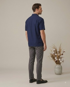 <b>Men's</b> Navy Blue Cotton Poplin Short Sleeve <b>Shirt</b> With Hand Embroidery Floral Pattern Turn-down Collar Casual Summer Wear - Product Image 2