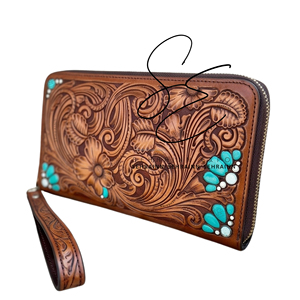 Portefeuille-pochette en cuir véritable artisanal, zippé, pour femmes, avec emplacements pour cartes et compartiments pour billets. - Product Image 2