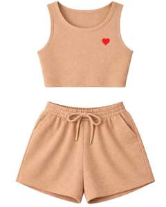Conjunto de Top Corto Acanalado y Pantalones Cortos con Cordón para Mujer, Color Beige Camel con Bordado de Corazón Rojo, Atuendo Casual de Dos Piezas Personalizado - Product Image 1