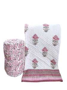 Embroidered Cotton <b>Quilt</b> With Floral Pattern Traditional <b>Handmade</b> Design For Home Use All Season White Pink Gray - Product Image 1