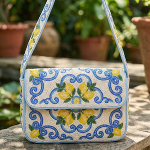 Sac à bandoulière de luxe brodé main style méditerranéen citron, fermeture à bouton - Broderie écologique jaune, bleue et blanche - Product Image 1