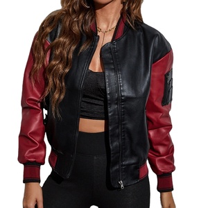 แจ็กเก็ตหนัง PU สำหรับผู้หญิง, เสื้อโค้ทสุดหล่อสีแดงและสีดำมีซิปเสื้อแจ็คเก็ตลำลองแขนยาวแฟชั่นฤดูใบไม้ร่วง - Product Image 1