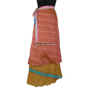 Jupe longue en soie indienne à 2 couches, style hippie, réversible, effet sari magique - Product Image 3