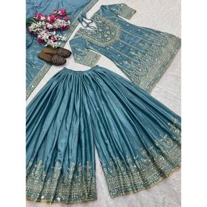 Vestido de noche bordado de diseñador para fiesta-Plazzo y Dupatta - Product Image 2