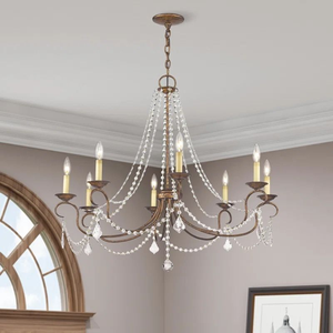 Un exquisito candelabro antiguo de bronce diseñado con brazos decorados con motivos curvilíneos y cuentas de cristal transparente, disponible a precios de mayorista. - Product Image 6