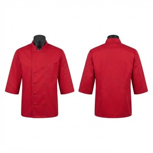 เสื้อเชฟผู้ชาย พรีเมียม 200 GSM ผ้าคอตตอนผสมทวิล สีแดง กระดุมสองแถว คอจีน กระเป๋าหน้าอก ปักลายตามสั่ง - Product Image 1