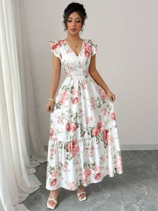 Nouvelle robe maxi élégante blanche à fleurs pour femmes, manches bouffantes, col en V, robe longue élégante d'inspiration bohème - Product Image 2