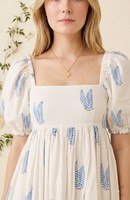 Robe d'été pour femmes 100% coton, imprimé feuilles bleues, manches bouffantes, col carré, mini-robe décontractée, écologique, pour les vacances