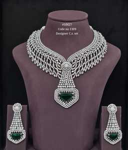 Designer C.Z. <b>Necklace</b> and Earrings Set Rhodium Plated Emerald Cut Zircon Geometric <b>Statement</b> Jewelry for Wedding Women's - Product Image 1