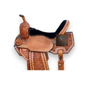 Tan Leather Floral Hand Carved <b>White</b> Raw Hide Braiding Western Barrel Horse Racing Saddle <b>Black</b> Suede Seat SS Fitting 10" to 18" - Product Image 3