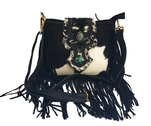 Sac bandoulière bohème en cuir de vachette pleine fleur avec concho turquoise, franges à pompons et imprimé animalier - Product Image 3