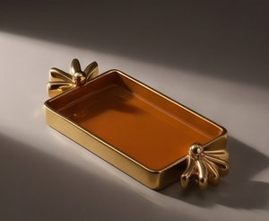 Luxury Orange Enamel Rectangular Serving <b>Tray</b> with <b>Gold</b> Decorative Handles Metal Platter for <b>Coffee</b> <b>Table</b> Living Room Decor - Product Image 3
