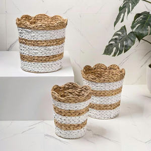 Modern Scalloped Woven Seagrass Storage <b>Basket</b> - Handmade Two-Tone Round Organizer for Home Decor - Product Image 2